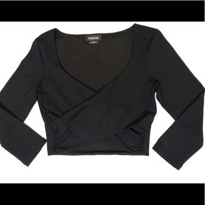 BEBE Black Wrap Crop Top 3/4 Sleeve | S